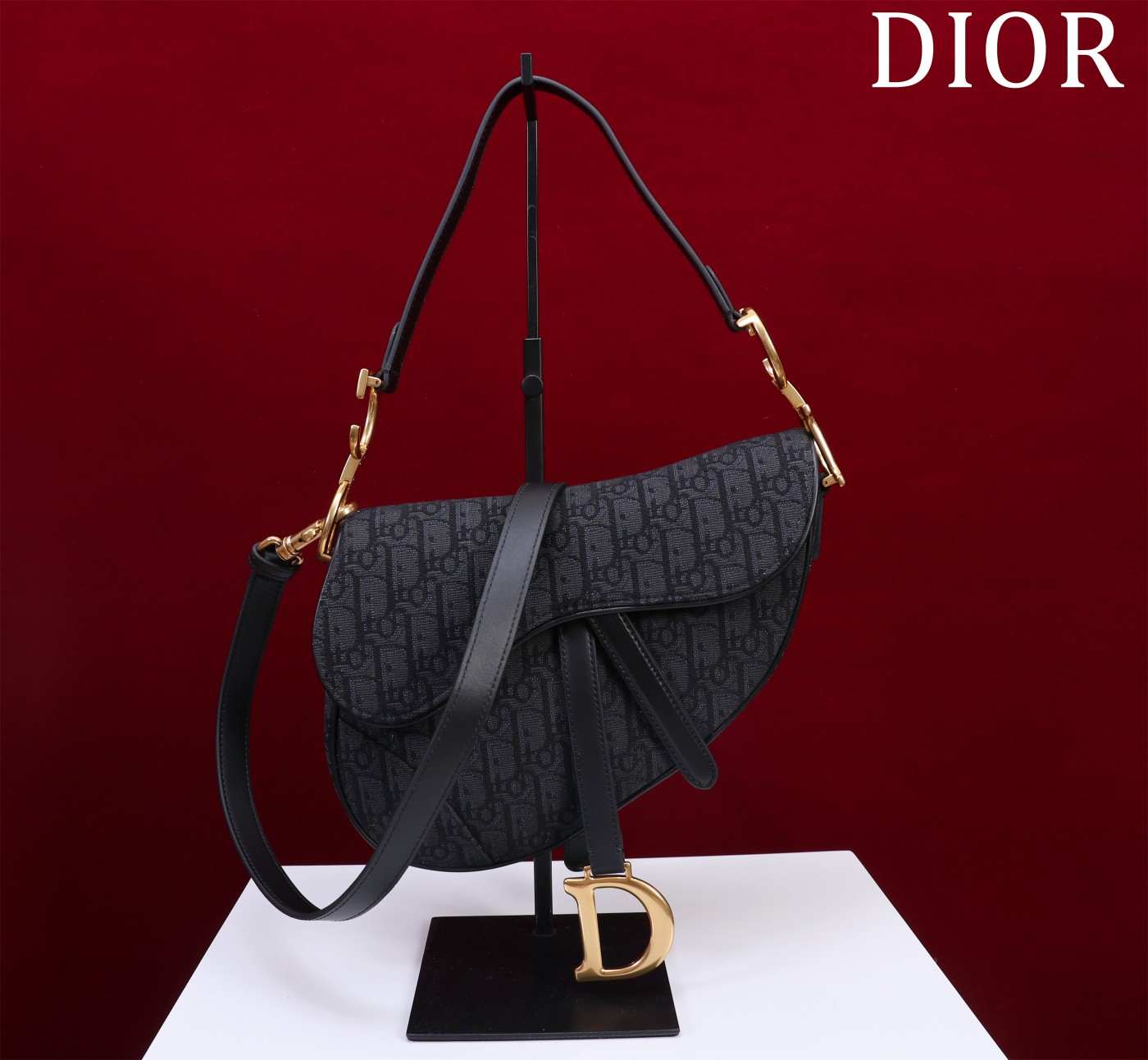 Saddle Bag with Strap Black Dior Oblique Jacquard